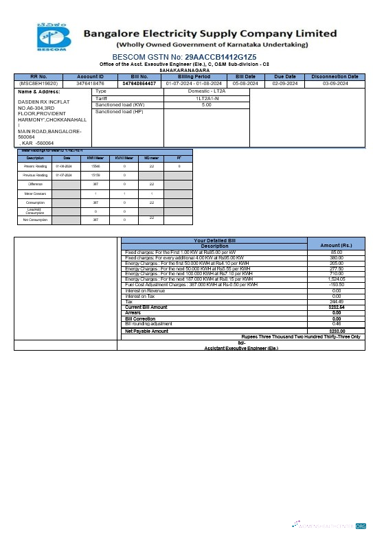 Download INDIA BESCOM business utility bill Word and PDF template các trang đã xóa Photoshop template